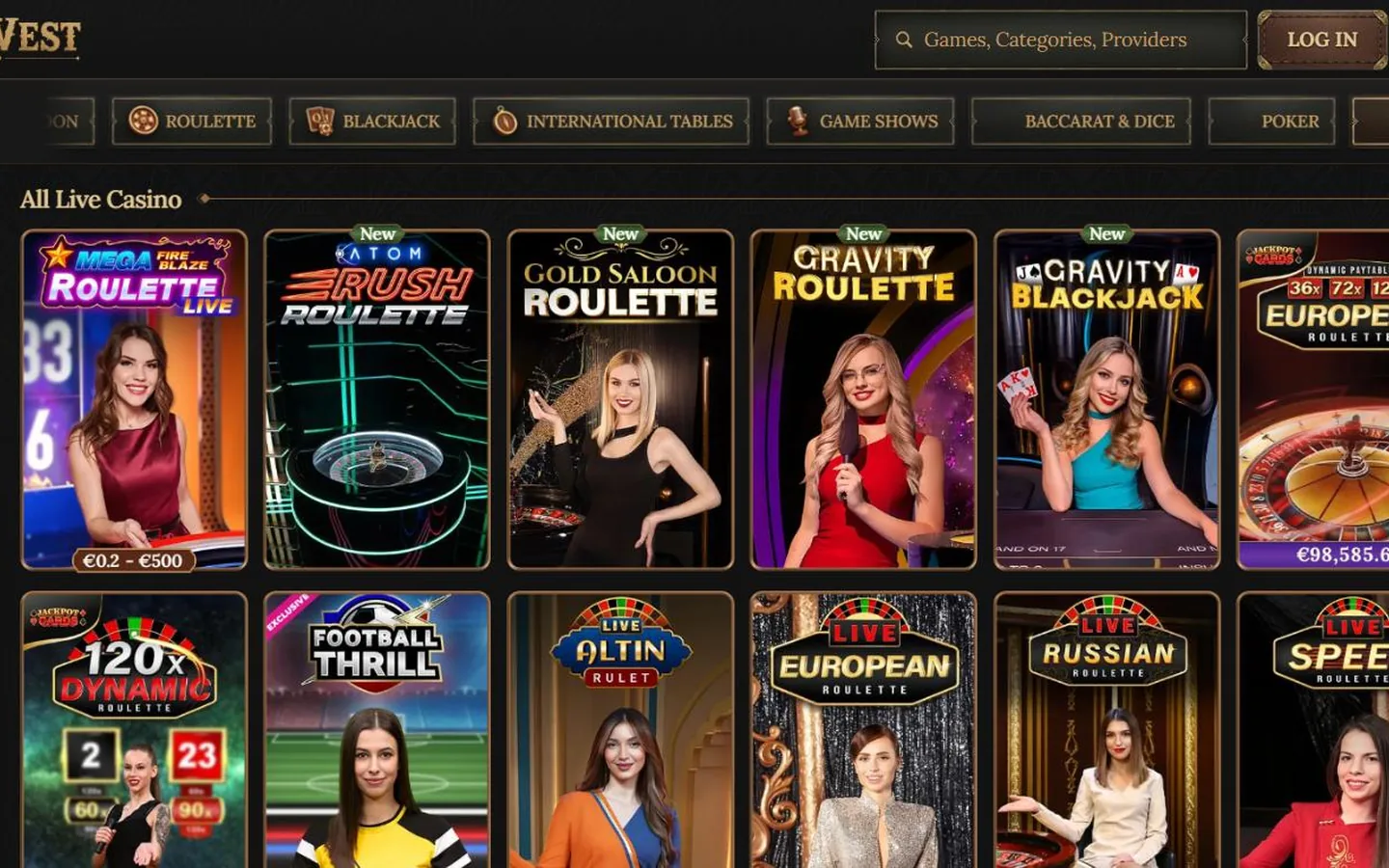 BetWest live casino lobby with real dealer tables