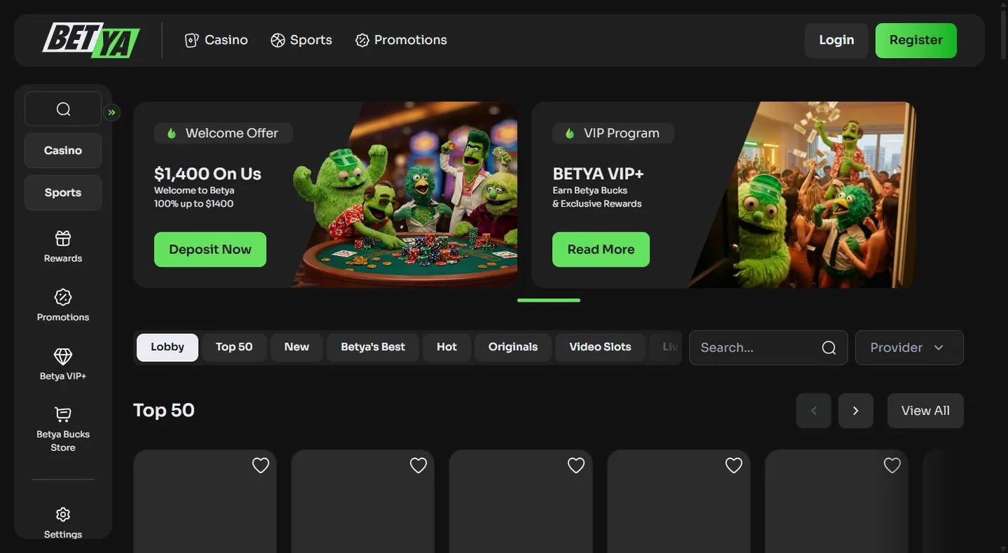 Betya casino homepage with its green mascot theme and the $1,400 welcome offer