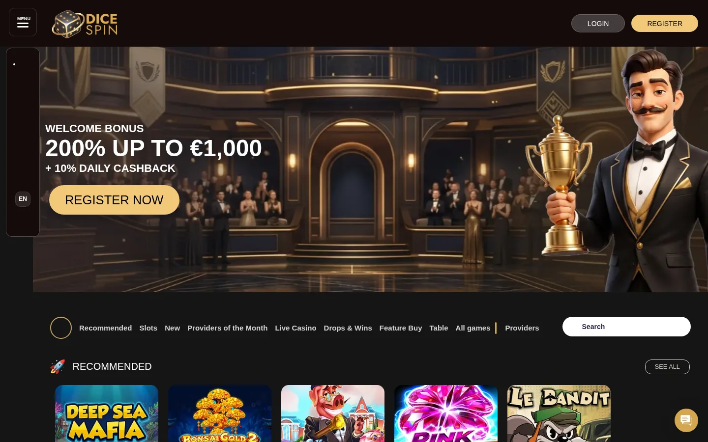 DiceSpin homepage with the 200% welcome bonus and daily cashback banner