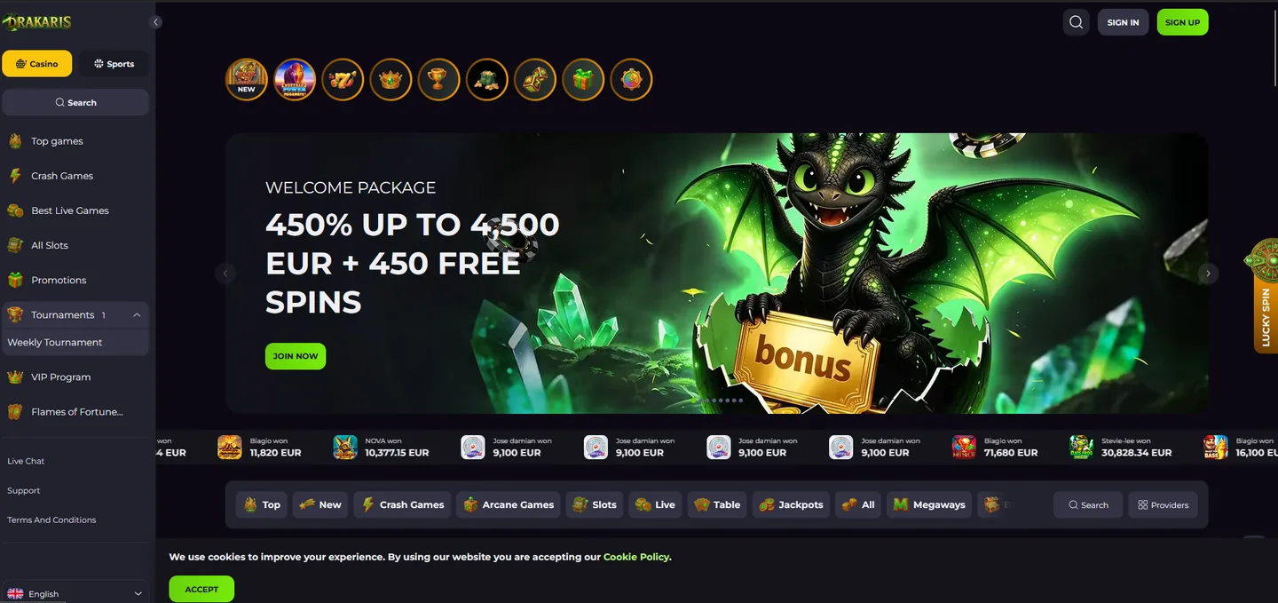 Drakaris homepage with the green dragon mascot and the 450% welcome package