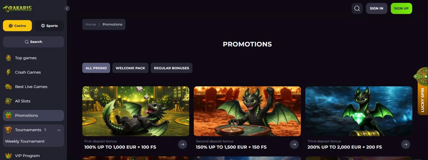 Drakaris promotions page showing the three-part welcome package