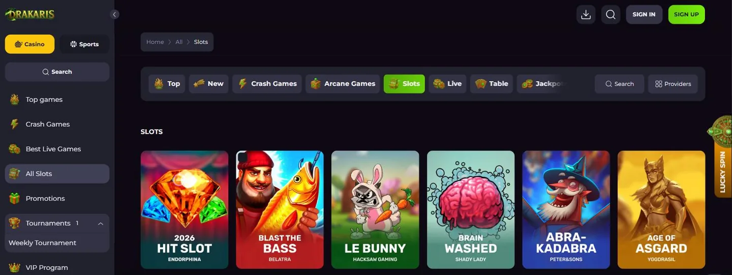 Drakaris slots lobby with real game art and studio names