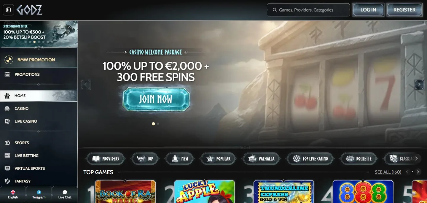 Godz homepage with its Norse theme and the 100% up to 2,000 euro welcome package