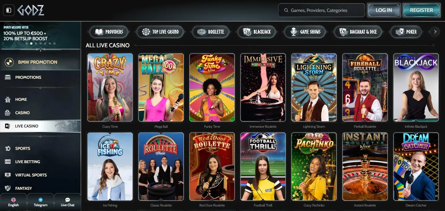 Godz live casino with Evolution tables including Crazy Time and Immersive Roulette