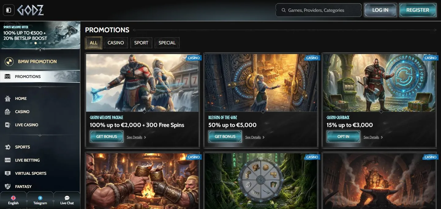 Godz promotions page with the welcome package, reload and cashback offers