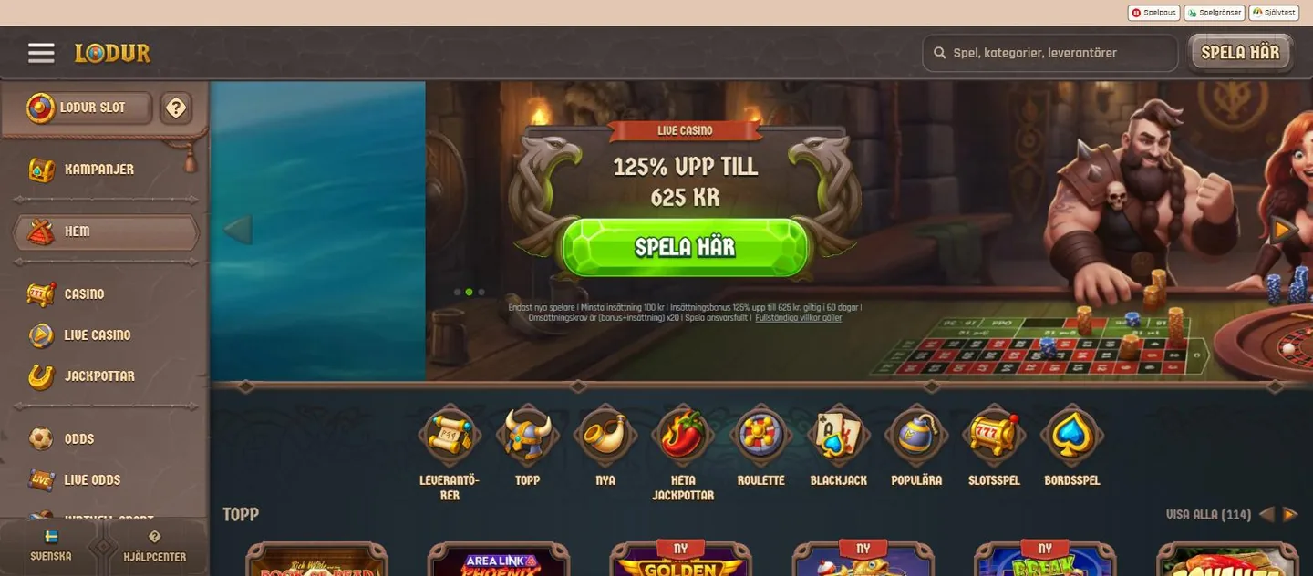 Lodur casino homepage with its Norse Viking theme and a welcome bonus carousel