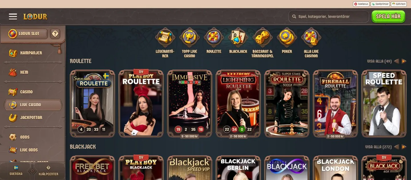 Lodur live casino with Evolution tables including a Swedish language roulette
