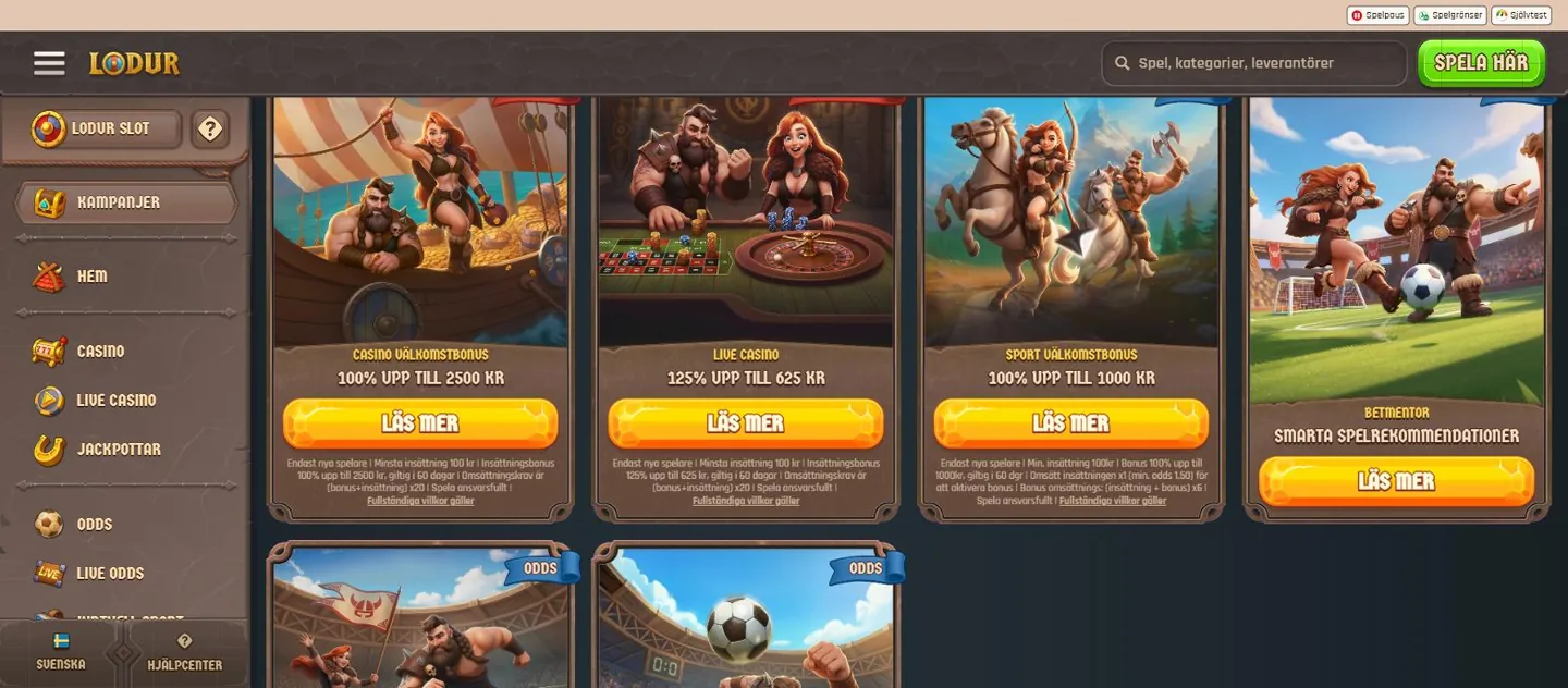 Lodur promotions page showing the three selectable welcome bonuses