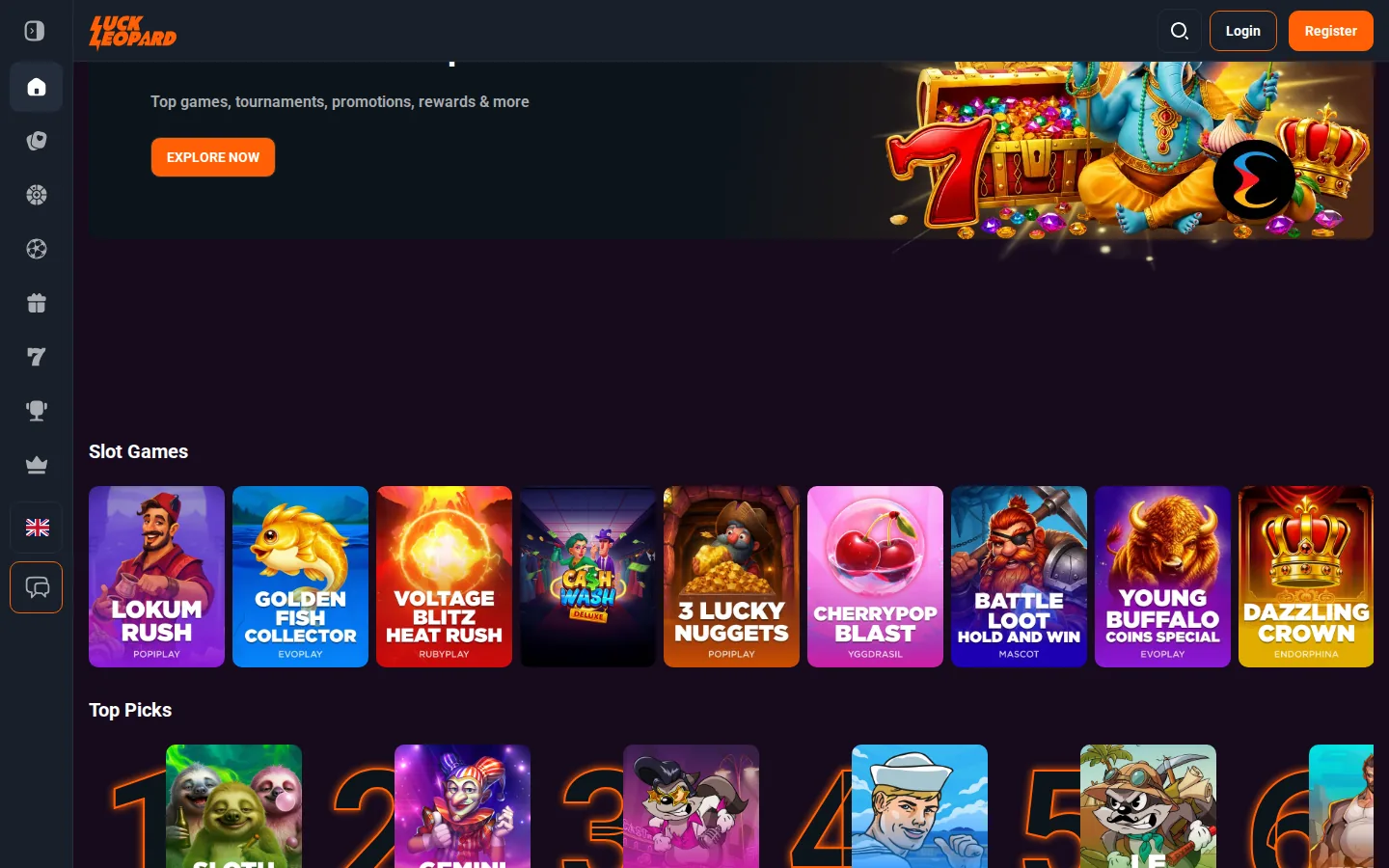 LuckLeopard slot lobby with Slot Games and Top Picks rows of real game art