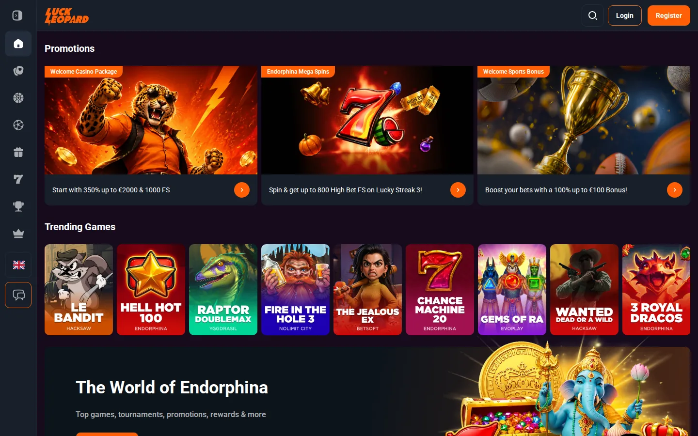 LuckLeopard homepage with the 350% welcome package, Endorphina Mega Spins and a trending games row