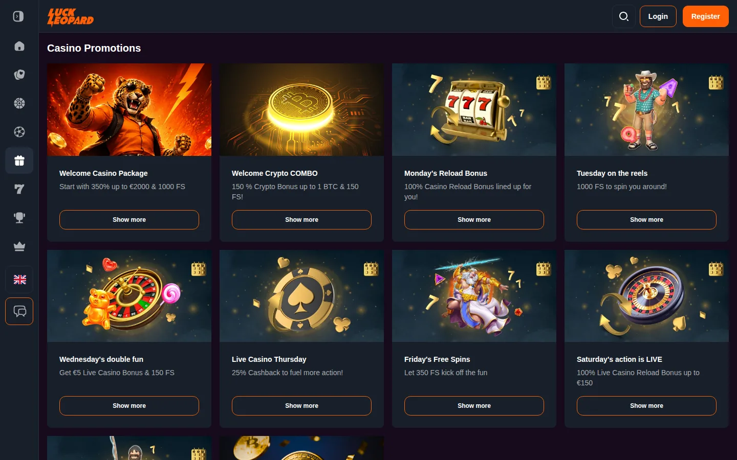 LuckLeopard casino promotions page showing the welcome package, crypto COMBO and the full daily bonus calendar