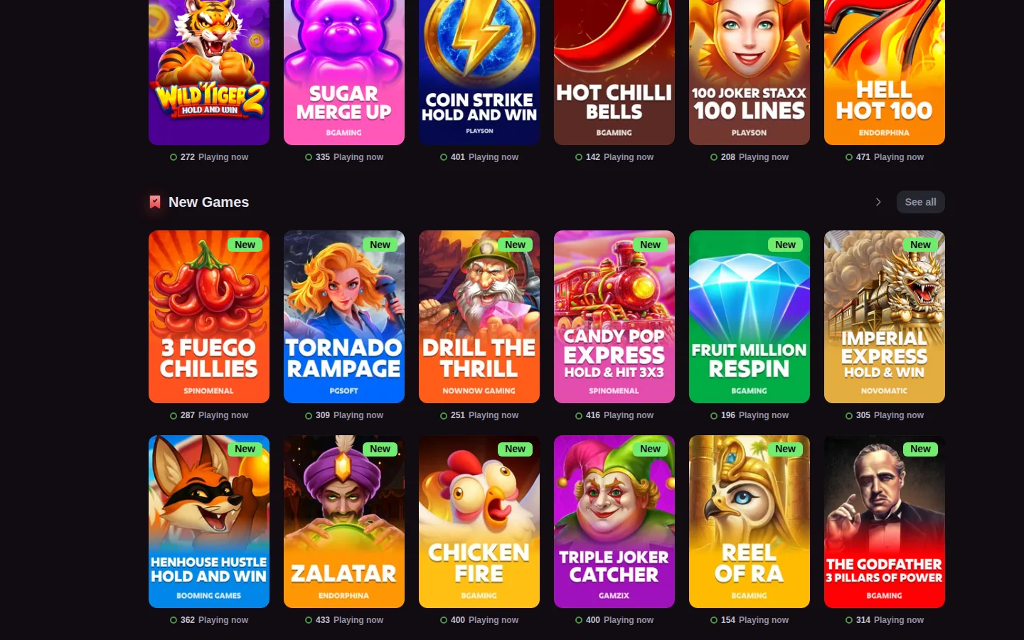 Slot lobby with tiles from BGaming, Endorphina, Playson, PGSoft, Novomatic, Spinomenal and more