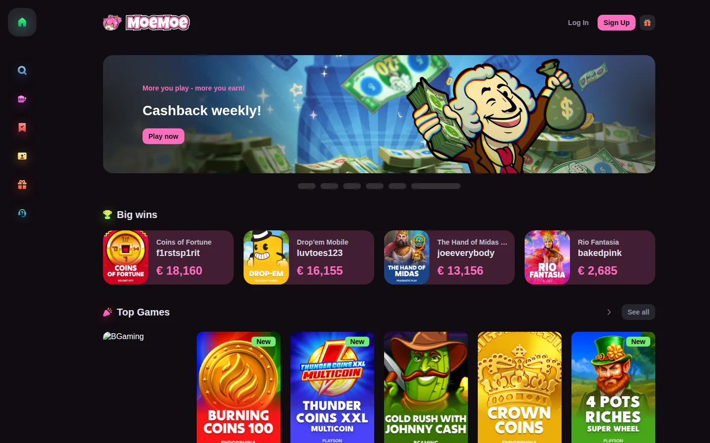 MoeMoe Casino homepage showing the Cashback weekly banner and Big Wins ticker