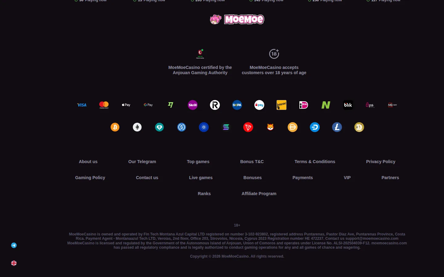 Payments menu, licensing footer and Anjouan Gaming Authority certification