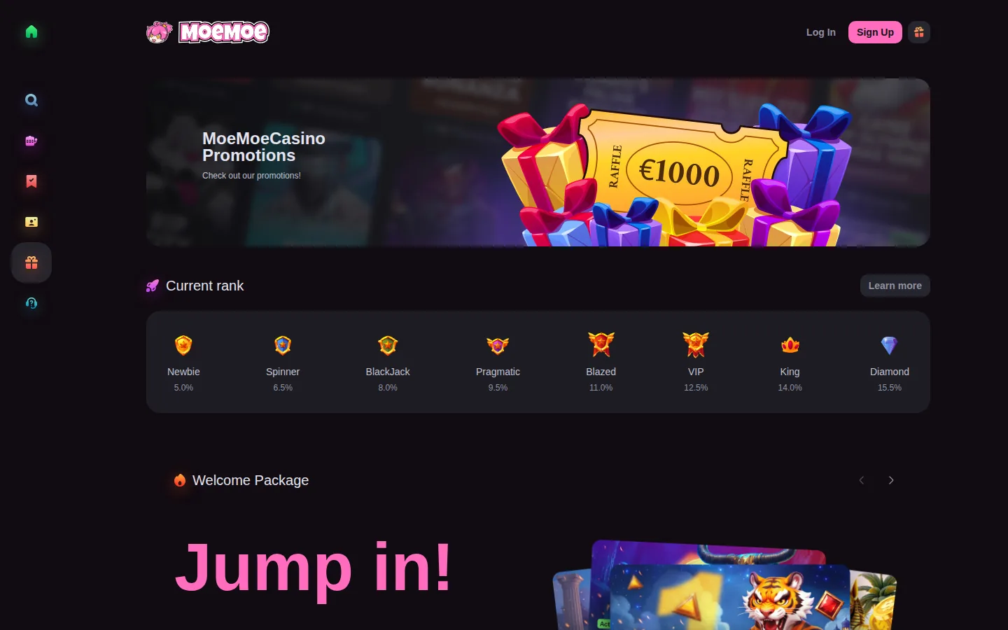 Promotions page with rank ladder and welcome package