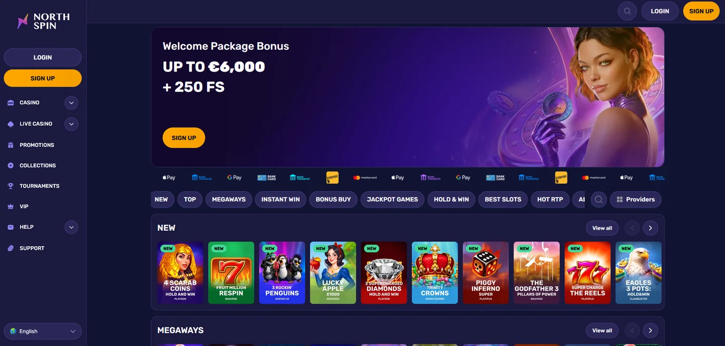 NorthSpin homepage with its aurora welcome banner and Canadian payment logos