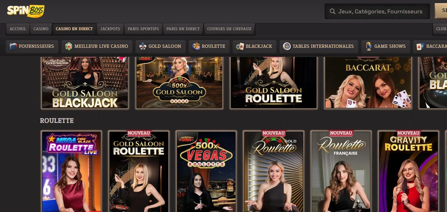 SpinBoss.com live casino lobby with Evolution and branded Gold Saloon tables