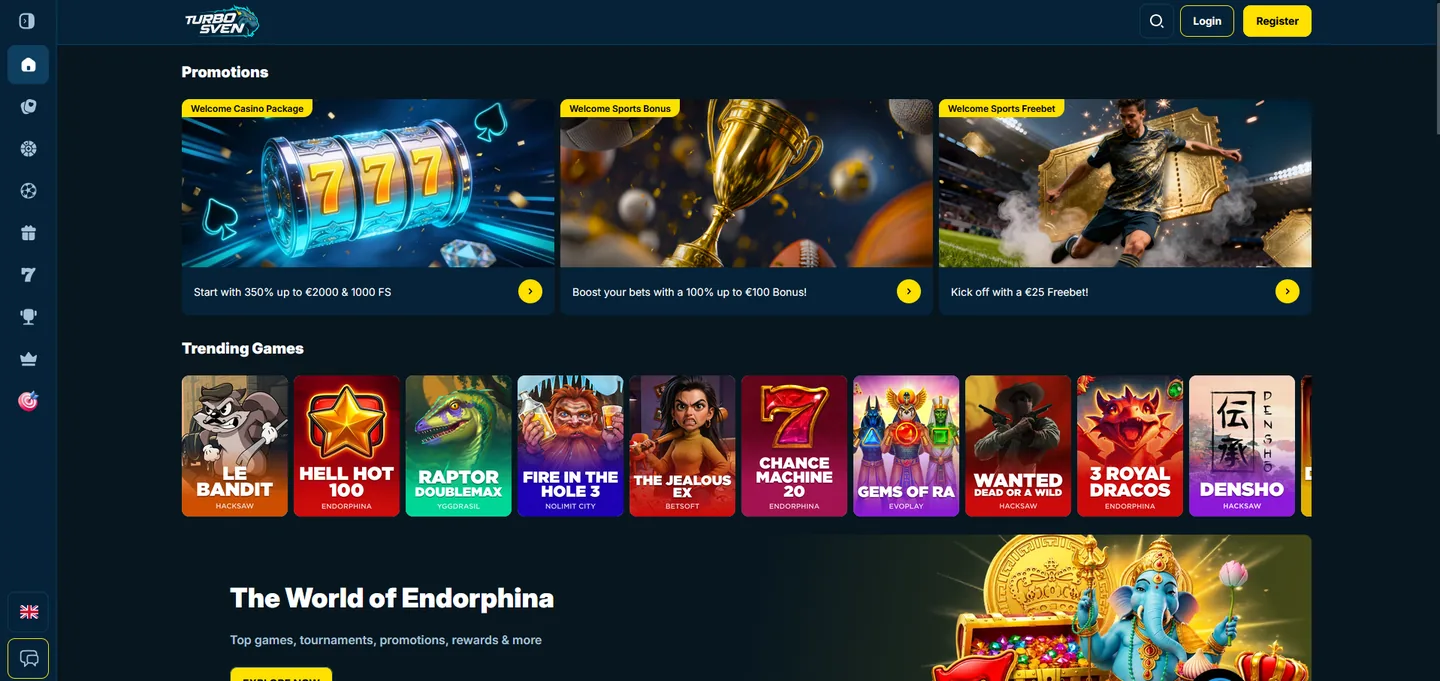 TurboSven homepage with the 350% welcome package and trending game tiles