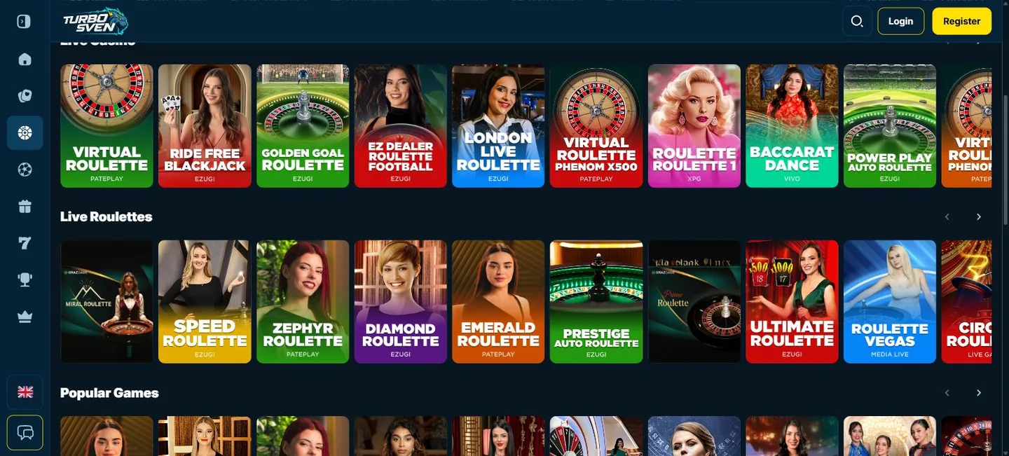 TurboSven live casino with real dealer roulette and blackjack tables