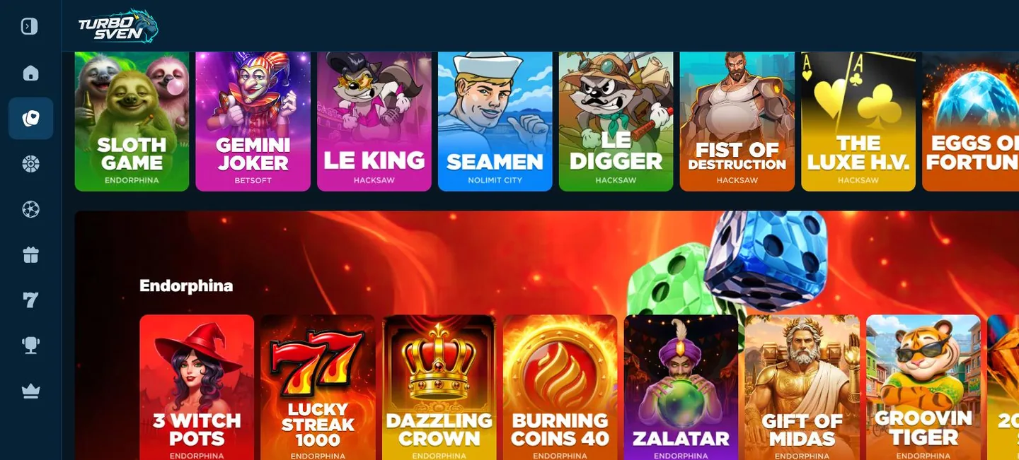 TurboSven slots lobby with real game art and studio names
