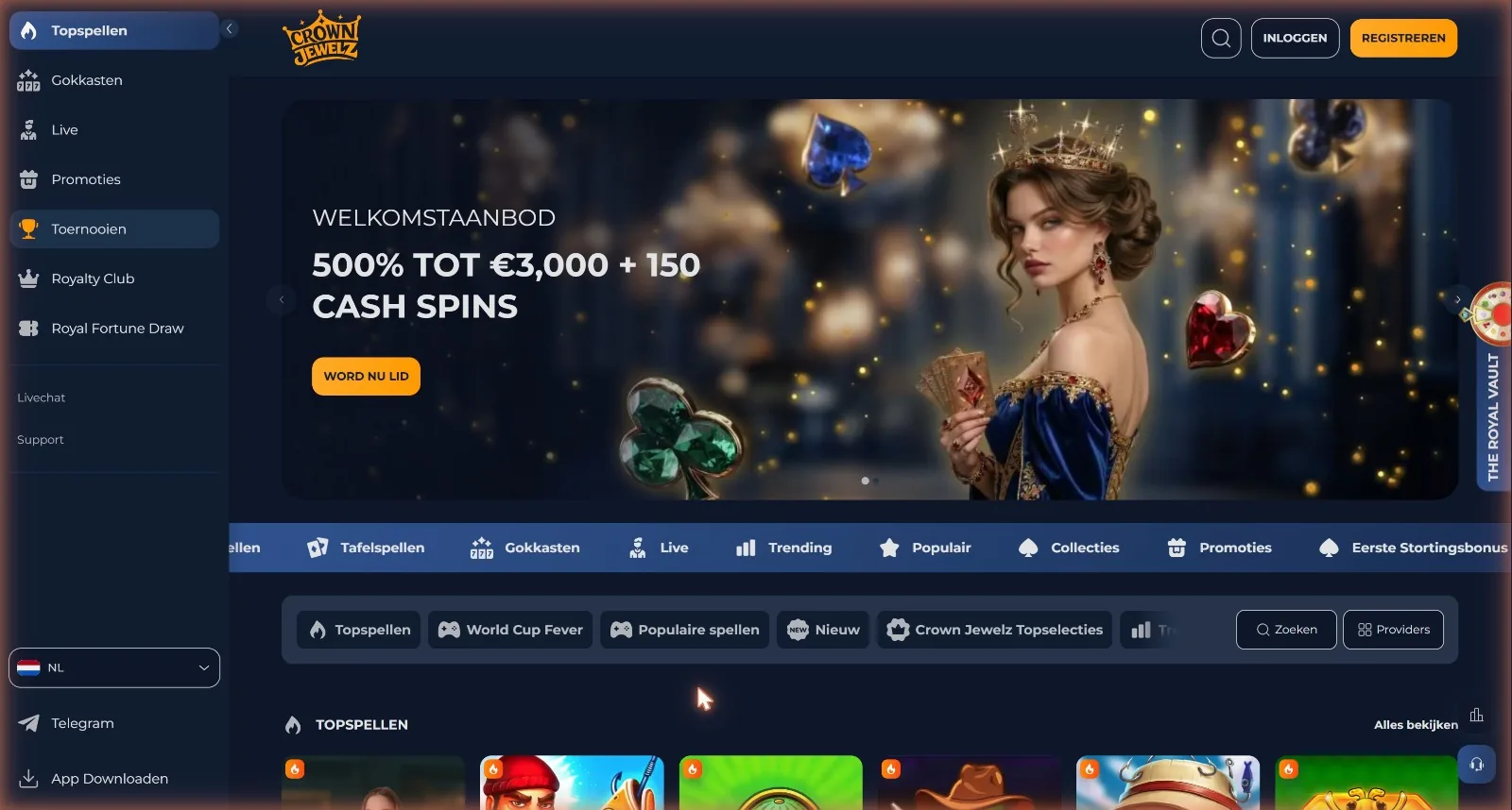 Screenshot van de homepage van CrownJewelz