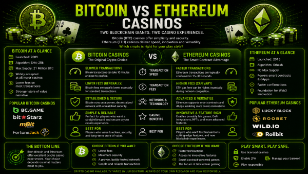 Illustration comparing Bitcoin and Ethereum for casino play, with coins and a casino cashier