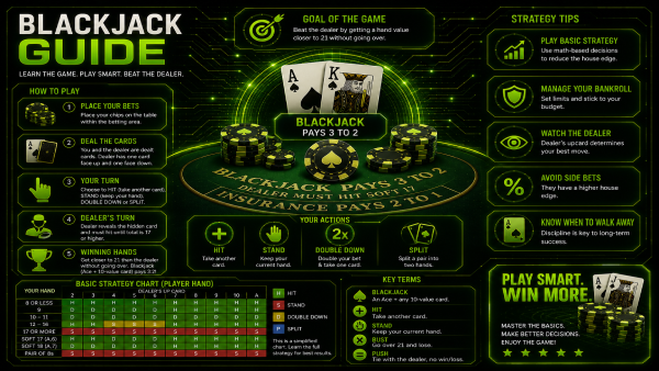 Illustration of a blackjack table with an ace and a king making 21, chips and the dealer position