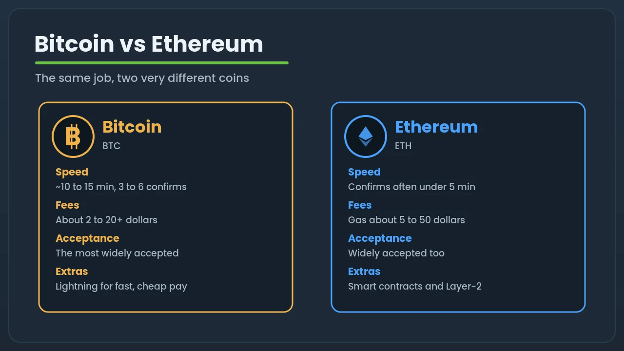 Side-by-side comparison of Bitcoin and Ethereum for casinos, on speed, fees, acceptance and extra features