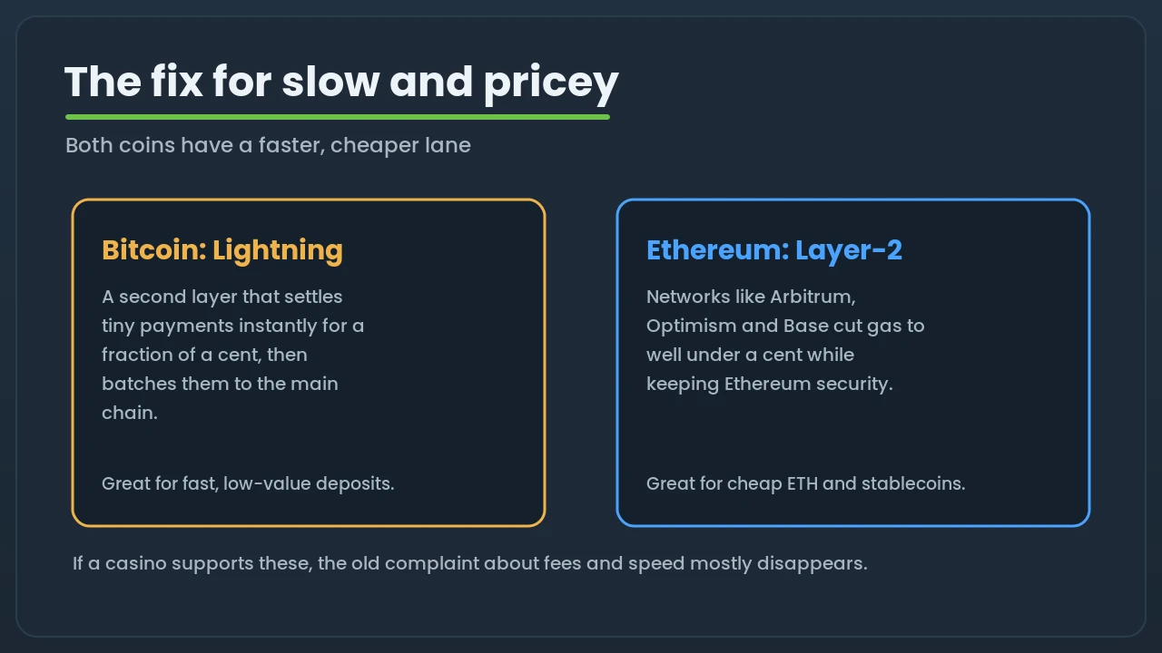 Diagram comparing Bitcoin's Lightning Network with Ethereum's Layer-2 networks as faster, cheaper lanes