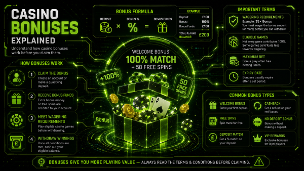 Illustration of a casino welcome bonus card showing a deposit match and free spins, wrapped in terms such as wagering, max bet and expiry