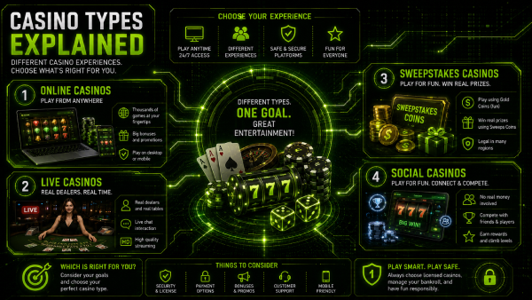 Illustration comparing four casino types side by side: a real-money online casino, a live dealer table, a sweepstakes casino with two coin currencies, and a play-money social casino