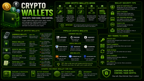 Illustration of crypto wallets: a phone app, a hardware device and keys, with a casino deposit