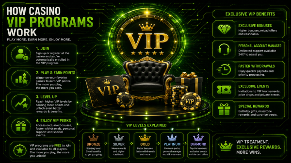 Illustration of a casino VIP program showing loyalty tiers, points and reward perks