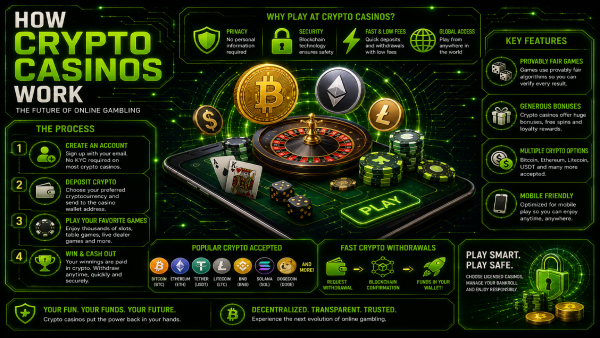 Illustration of a crypto casino with a digital wallet, coins and a blockchain transaction feeding into a game