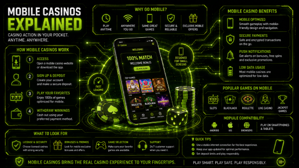 Illustration of a smartphone showing an online casino lobby with slot games, a live dealer table and a mobile payment prompt
