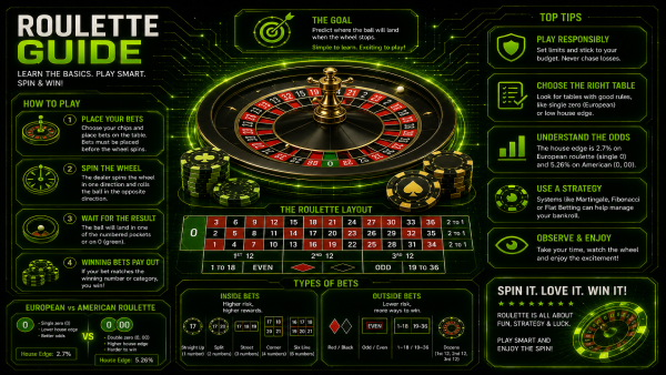 Illustration of a roulette wheel and betting table with chips on red and black
