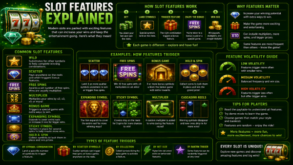 Illustration of an online slot packed with features: wilds, scatters, multipliers and a bonus wheel