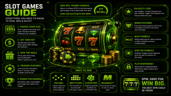 Illustration of an online slot game with colourful reels, symbols and a spin button