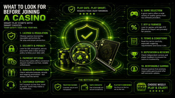Illustration of a checklist for choosing an online casino, with a licence, games, bonus, payment and security icons