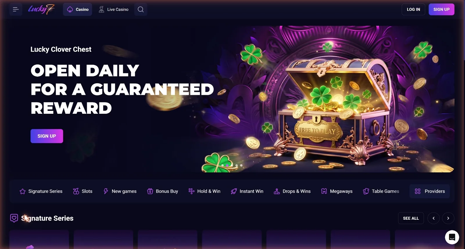 Lucky7 casino homepage with the welcome bonus of 2,000 plus 200 free spins