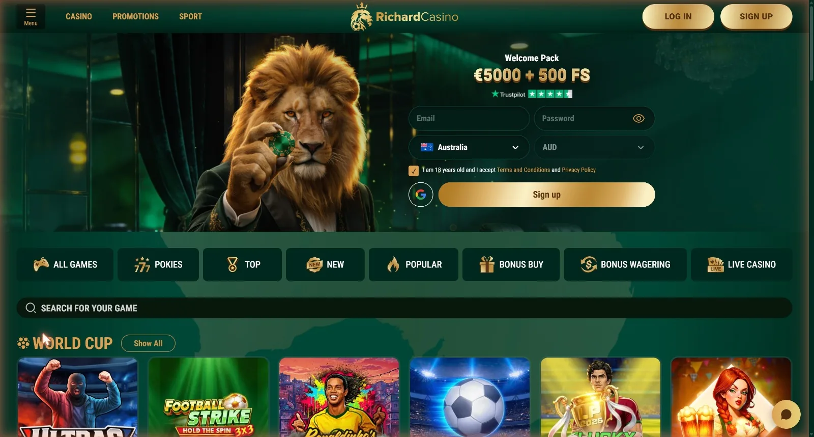 Richard Casino homepage with the welcome pack and Australian sign-up form