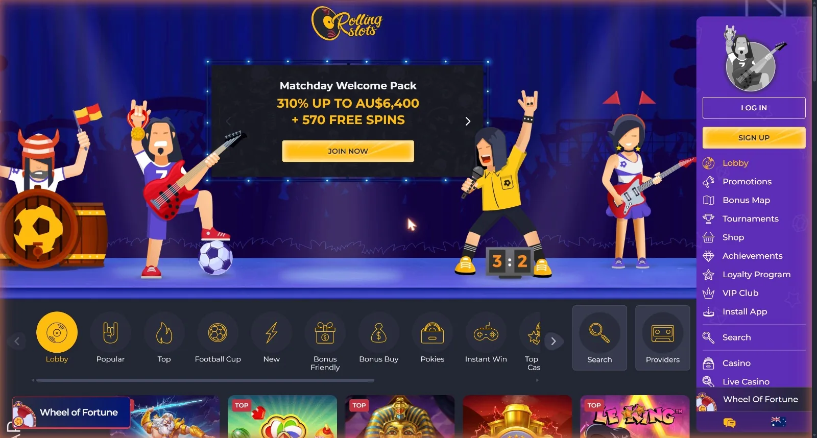 Rolling Slots Australian homepage showing the Matchday Welcome Pack of 310% up to AU$6,400