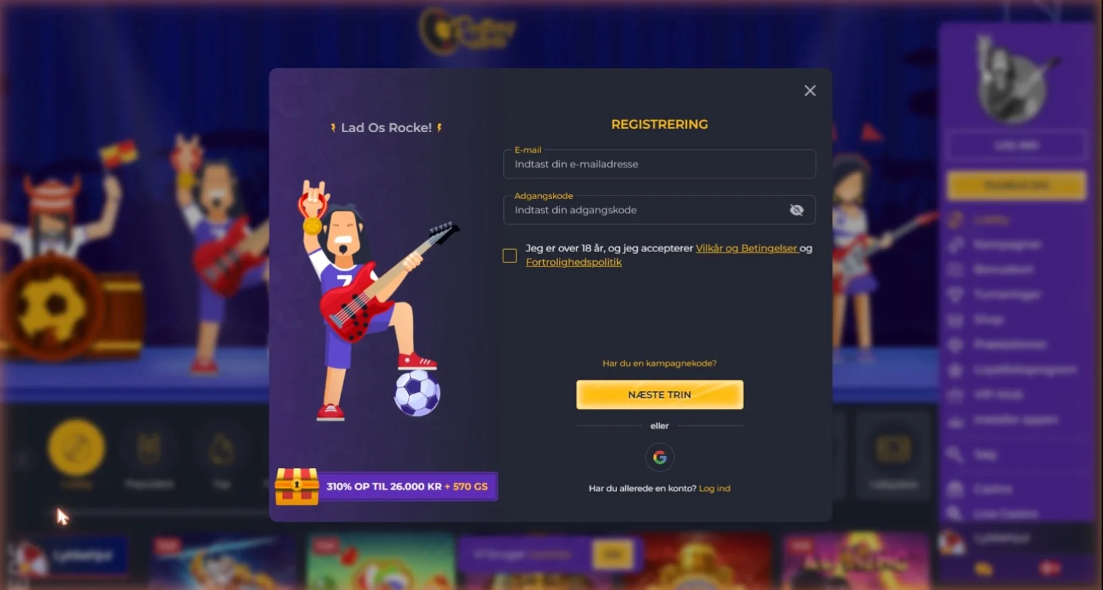 Registrering hos Rolling Slots med velkomstpakke på 310% op til 26.000 kr