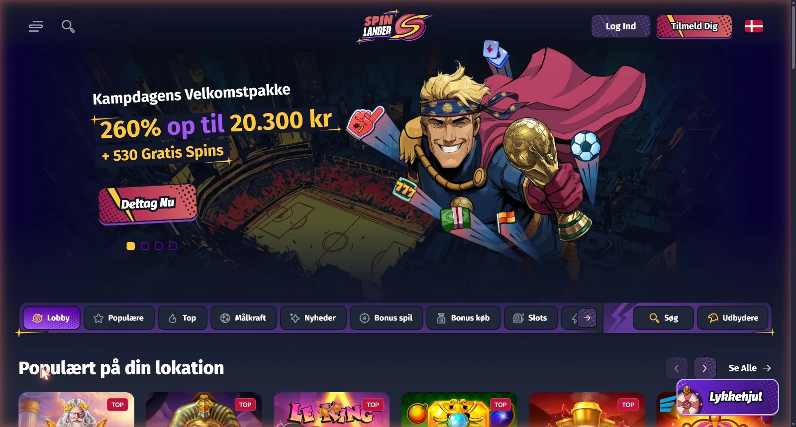 SpinLander casino forside med superhelte-tema